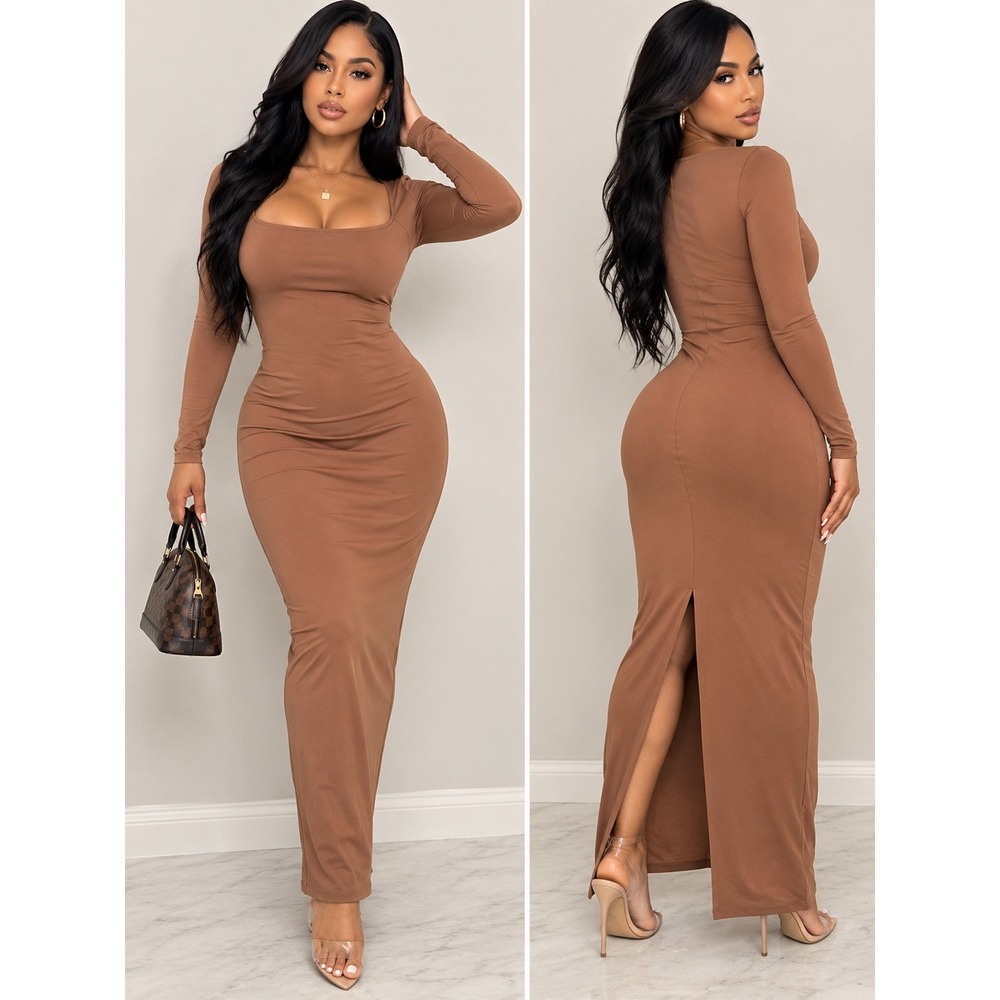 Wild Fable ButterBliss Brown Square Neck Long Sleeve Maxi Bodycon Dress Medium